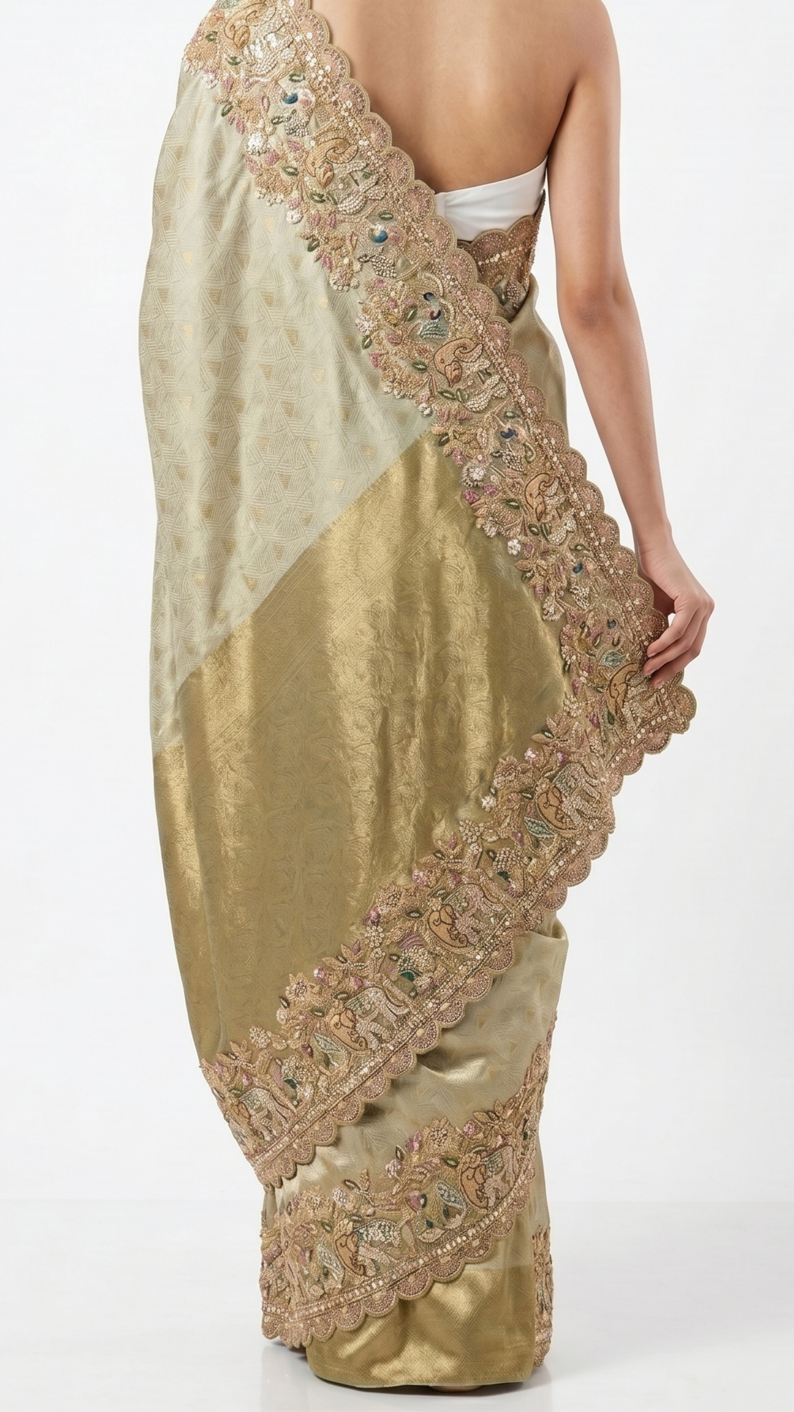 Muted Olive Gold Tissue Silk Saree Embellished with Zari, Cutdana & Zarkan Work